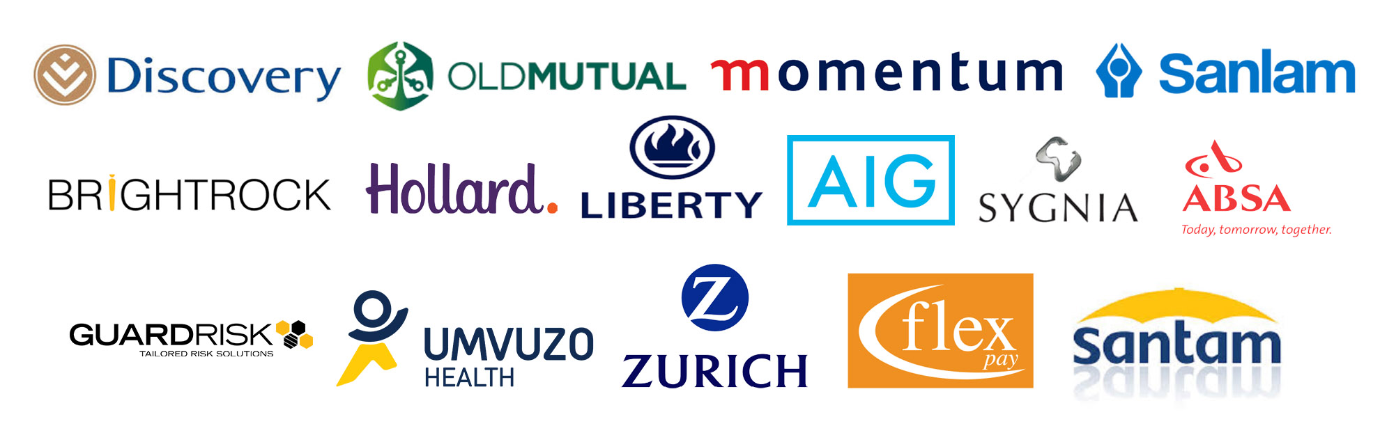 Discovery, Old Mutual, Momentum, Sanlam, Brightrock, Hollard, Liberty, AIG, Sygnia, ABSA, Guardrisk, Umvuzo Health, Zurich, Flex Pay, Santam